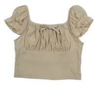 Béžové žebrované crop tričko s mašlí Shein