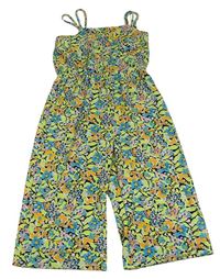Zeleno-růžovo-modrý květovaný lehký culottes overal Primark