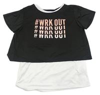 Bílo-černé sportovní crop tričko s všitým topem a nápisem 