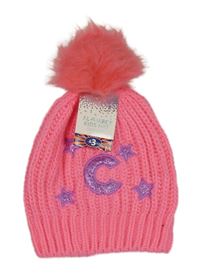 Nové - neonově růžová pletená čepice s písmenem a bambulí 