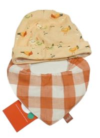 Nové - 2 set - žlutá čepice se slepicemi + bílo-cihlový kostkovaný slinták 