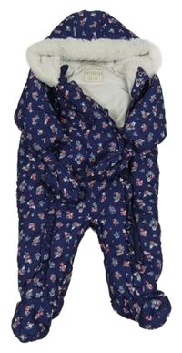 Tmavomodrá šusťáková zimní květovaná kombinéza s kapucí + rukavice George