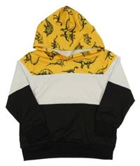 Žluto-bílo-černá sportovní mikina s kapucí a dinosaury 