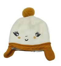 Bílo-hnědá pletená zateplená čepice s očima a bambulí orchestra