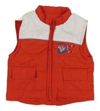 Červeno-bílá šusťáková zateplená vesta s medvědem St. Bernard