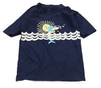 Tmavomodré UV tričko s vlnami a delfínem 