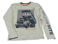 Šedo-tmavomodré triko s autem a nápisy 