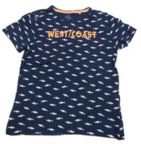 Tmavomodré tričko se žraloky a nápisem Topolino