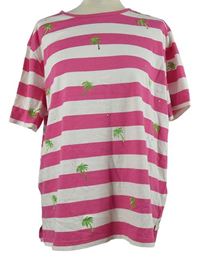 Dámské tmavorůžovo-bílé pruhované tričko s palmami 