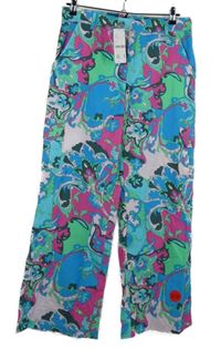Nové - Dámské modro-růžovo-zelené vzorované culottes kalhoty 
