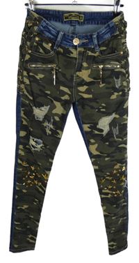 Dámské army-modré skinny rifle se šněrováním 