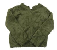 Khaki chlupatý propínací svetr Hema