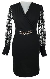 Dámské černé minišaty se síťovanými rukávy a řetězem