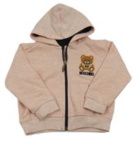 Světlerůžová melírovaná propínací mikina s medvědem a kapucí 