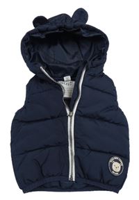 Tmavomodrá prošívaná šusťáková zateplená vesta s medvídkem a kapucí s oušky dopodopo