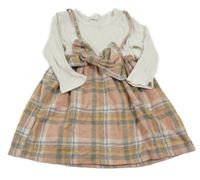 Starorůžovo-tmavošedo-okrovo-bílé kostkované žebrované teplé šaty s mašlí 