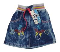 Nové - modrá melírovaná riflová sukně s barevným pasem a výšivkami motýlků 