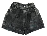 Šedo-černé riflové paper bag kraťasy s páskem a dírami F&F