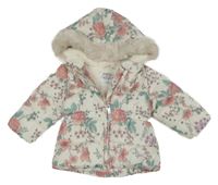 Bílo-růžovo-zelená květovaná šusťáková zimní parka s kapucí F&F