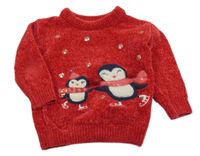 Červený žinylkový svetr s tučňáky C&A