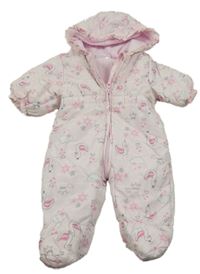 Světlerůžová šusťáková zimní kombinéza s labutěmi a kapucí Ergee