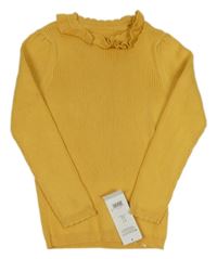 Nové - Okrový žebrovaný svetr s volánky George 