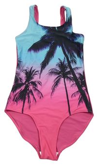 Křiklavě růžovo-pomněnkové jednodílné plavky s palmami zn. H&M