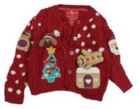 Tmavočervený vzorovaný propínací vánoční svetr s obrázky a 3D perníčkem a puntíky Tu