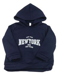 Tmavomodrá teplá mikina s nápisy a kapucí