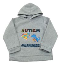 Šedá melírovaná teplá mikina s dinosaurem a srdíčkem a nápisy a kapucí