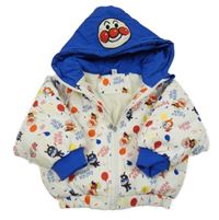 Bílo-safírová prošívaná šusťáková zimní bunda s obrázky a kapucí