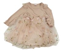 Pudrové žebrované šaty s tylem a květy a mašlemi a volánky