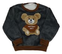 Tmavošedo/hnědá plyšová zateplená mikina s medvídkem 