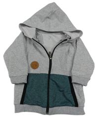 Šedo-šalvějová melírovaná propínací mikina s nášivkou a kapucí