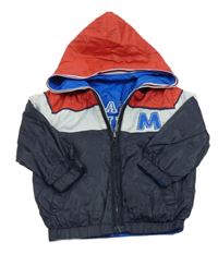 Tmavomodro-bílo-červená šusťáková jarní oboustranná bunda s písmenkem a kapucí LOSAN