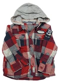 Červeno-tmavomodro-bílá kostkovaná košile s nášivkami a kapucí Mexx