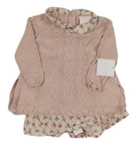 Pudrovo-světlepudrové pleteno/plátěné šaty se vzorem a kytičkami a límečkem SHABY CHIC