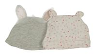 2x - Čepice s oušky - Světlešedá melírovaná Mothercare, bílá se srdíčky early days