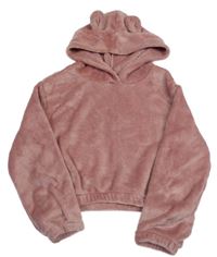 Starorůžová plyšová crop mikina s kapucí s oušky 