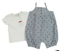 Nové - 2Set - Námořnicky modro-bílé pruhované plátěné laclové kraťasy s volánky + bílé tričko JASPER CONRAN