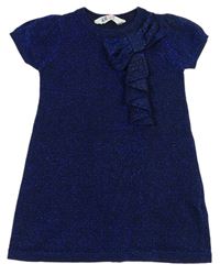 Tmavomodré třpytivé svetrové šaty s mašlí s volánem zn. H&M