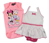 2set- Neonově růžové body s Minnie a Daisy + Bílé šaty s všitým růžovým body zn. Disney