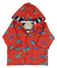 Červená nepromokavá jarní bunda s dinosaury a kapucí Hatley
