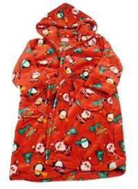Červený chlupatý župan s vánočním motivem a kapucí
