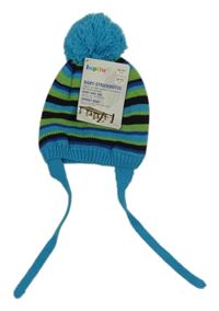 Nové - Modro-zeleno-černá pruhovaná čepice s bambulí Lupilu