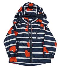 Tmavomodro-bílá pruhovaná šusťáková jarní bunda se srdíčky a kapucí Pocopiano