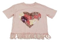 Růžové tričko se srdcem z překlápěcích flitrů a třásněmi F&F