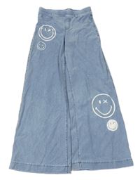 Modré široké tregíny riflového vzhledu se smajlíky H&M