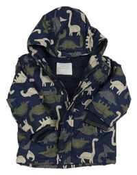 Tmavomodrá šusťáková zateplená bunda s dinosaury a kapucí Primark