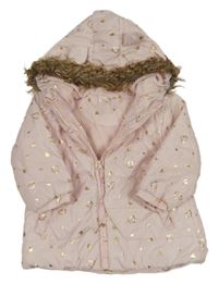 Světlerůžová šusťáková zateplená bunda se zlatými srdíčky a kapucí Ergee